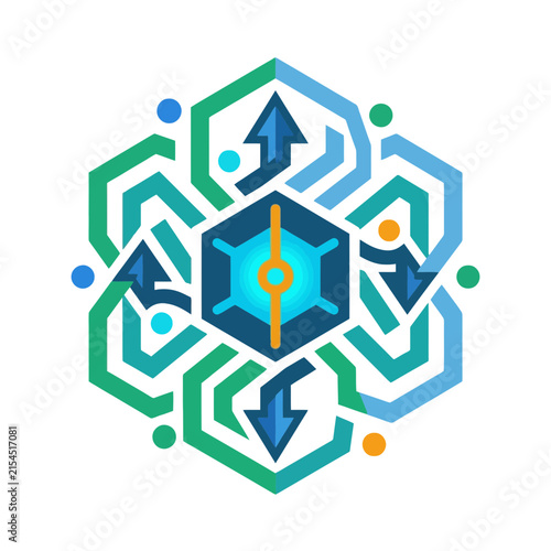 A colorful geometric abstract design with arrows and hexagons