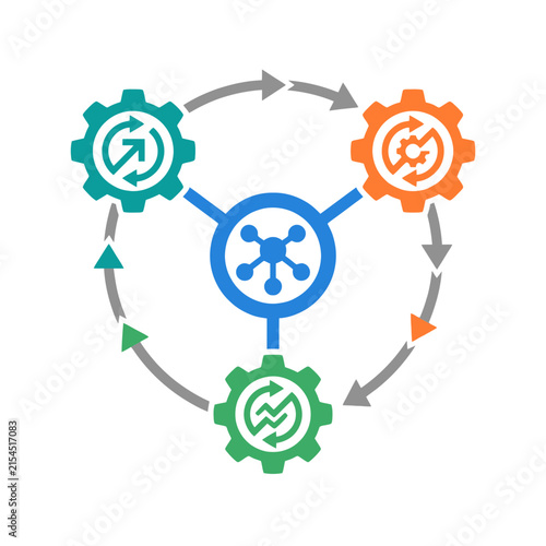 A colorful gear system shows a circular process of connectivity