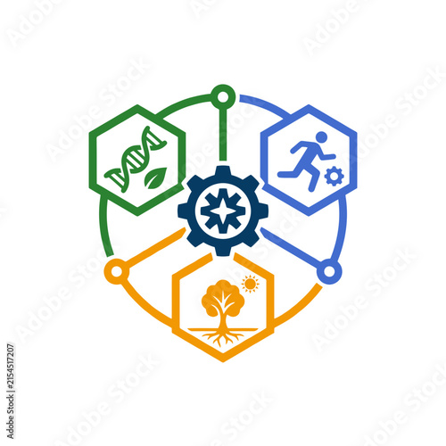 A colorful geometric emblem featuring scientific and natural icons