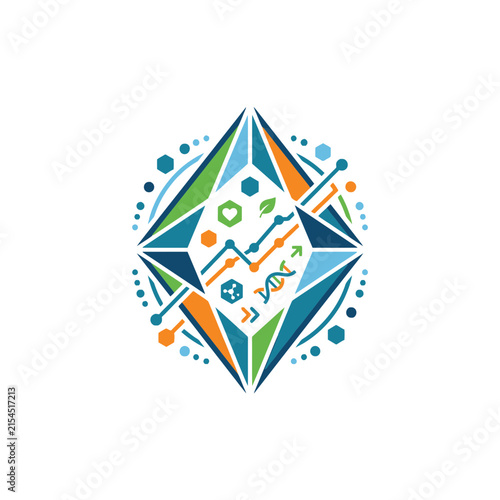 A colorful geometric emblem representing modern scientific research and data