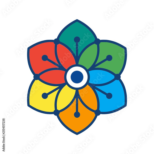 A colorful geometric flower icon on a clean white background