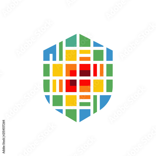 A colorful geometric hexagon shape with a grid pattern design
