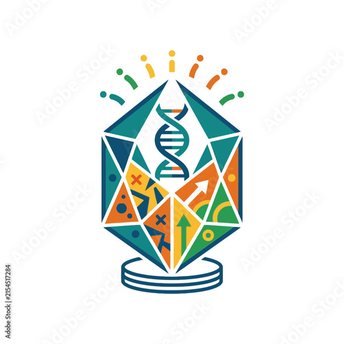 A colorful geometric icon featuring a central double helix structure