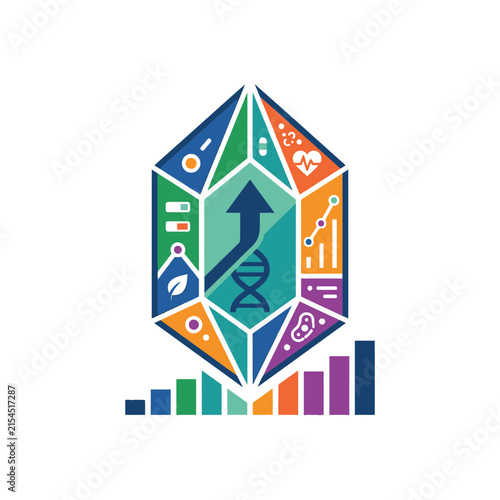 A colorful geometric icon representing scientific research and data growth