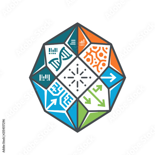 A colorful geometric icon featuring various scientific and data symbols
