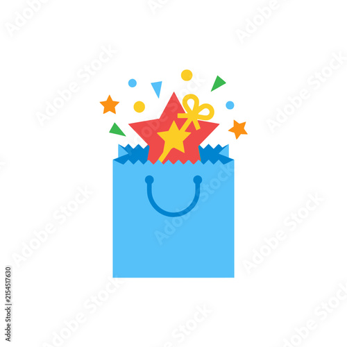 A colorful gift bag with festive star shapes and confetti icons
