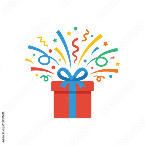 A colorful gift box with festive confetti exploding from top