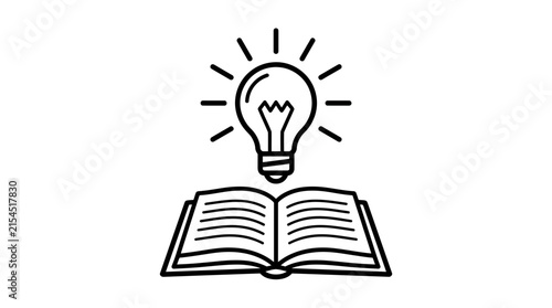 Minimalist vector graphic illustration featuring a glowing lightbulb symbol hovering above an open educational book