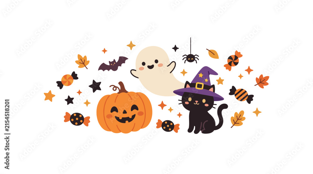 Fototapeta premium Cute Halloween collection with pumpkin, black cat, and ghost.