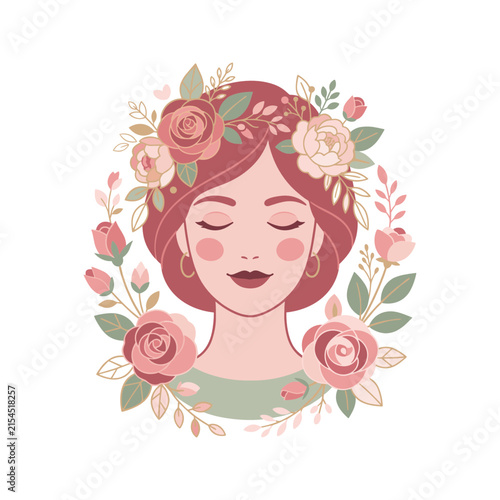 Woman with Closed Eyes Surrounded by Roses Illustration