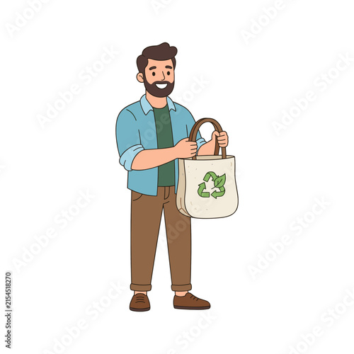 Man Holding Reusable Tote Bag with Recycling Symbol Illustration