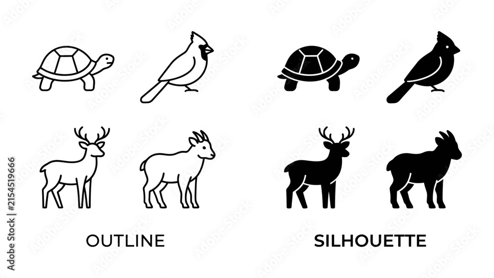 Fototapeta premium Animal Icons Collection: A set of graphic representations of animals, featuring turtles, cardinals, deer, and goats in both outline and silhouette styles.