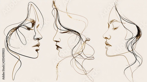 Abstract continuous line women faces art