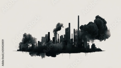 Black and white illustration of a city drowning in smog, abstract and minimalist, representing industrial pollution. 