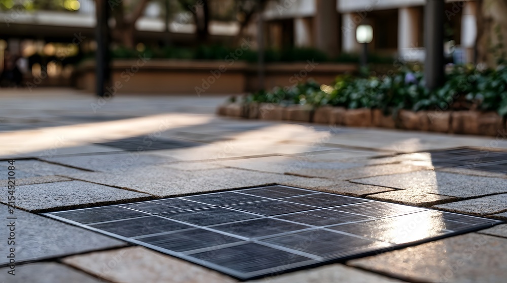 Fototapeta premium Solar panels embedded in stone pavement under warm sunlight casting shadows on urban walkway