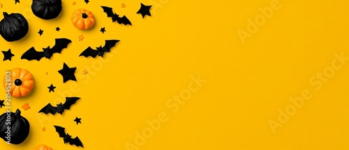 Vibrant halloween promotion banner featuring colorful pumpkins and bats on bright yellow background for festive sales advertising