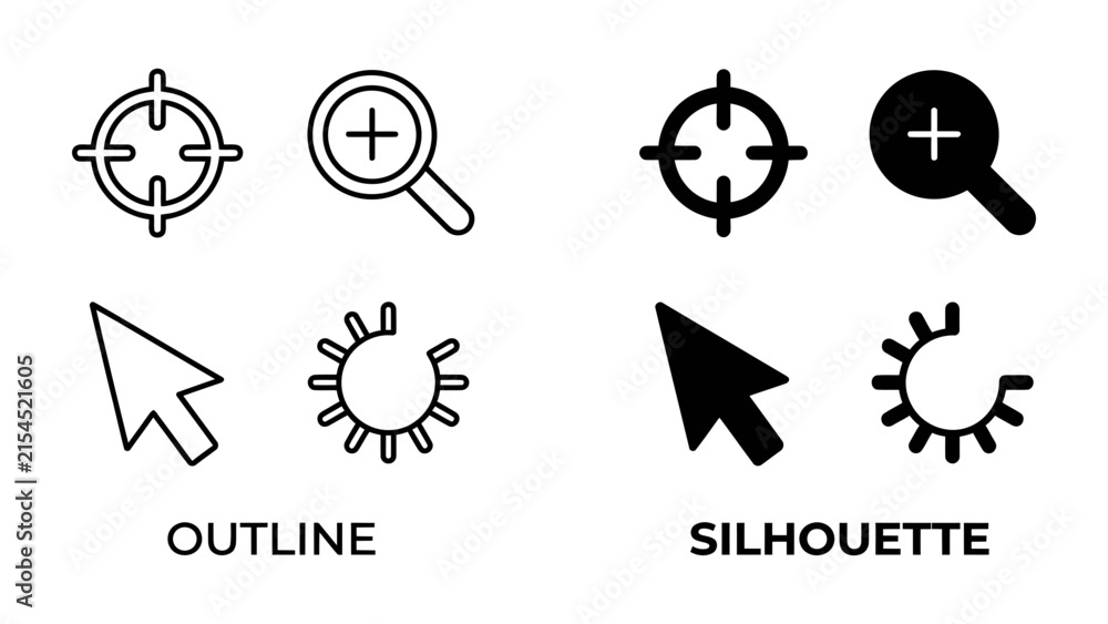 Fototapeta premium Cursor and Target Icons: A set of outline and silhouette icons representing a computer cursor, target, magnifying glass, and loading symbol, illustrating concepts of navigation, search, and progress.