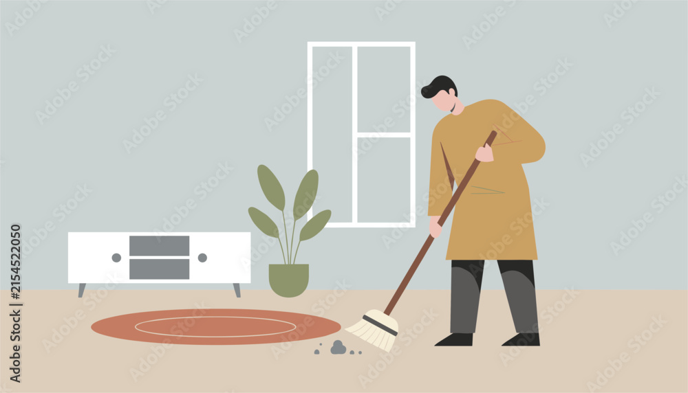 Fototapeta premium Person sweeping a dust pile from a rug in a living room with a houseplant and white sideboard for home maintenance illustration.