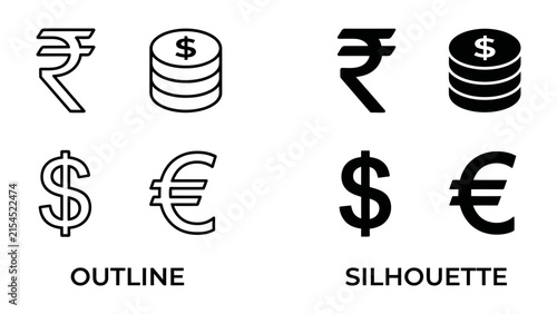 Currency Symbols Icons: A collection of diverse currency symbols, including rupee, dollar, and euro, presented in both outline and silhouette styles, representing global finance and economics.