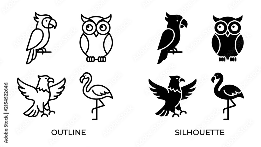 Fototapeta premium Set of Bird Icons: A collection of stylized bird icons, presented in both outline and silhouette formats, featuring a parrot, owl, eagle, and flamingo.