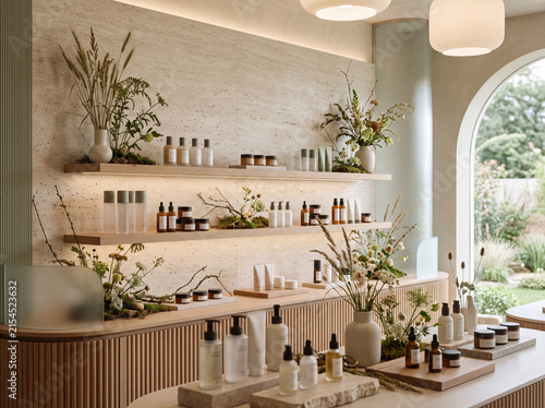 Elegante Pflege Kosmetik Auslage mit pflanzen Dekoration