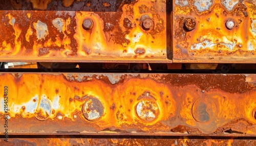 Old weathered metal beams with heavy rust and bolts.