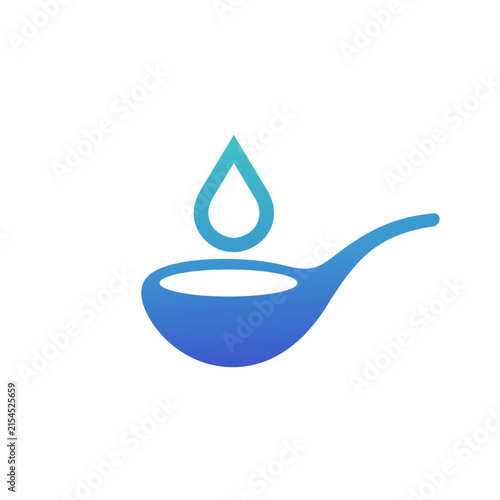 Blue spoon with a falling water drop, suitable for liquid medicine, nutrition, dosage, syrup, healthcare, pharmacy, and wellness branding.