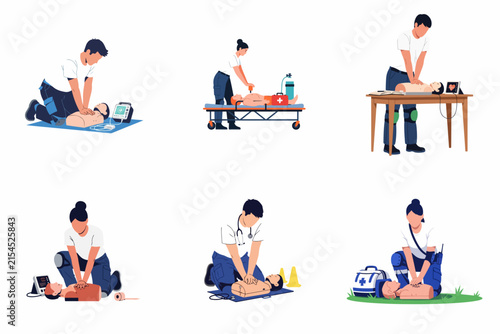 CPR Training and First Aid Education Set: Flat Vector Illustrations of Paramedics and Medical Professionals Performing Resuscitation on Mannequins with AED and Emergency Medical Equipment