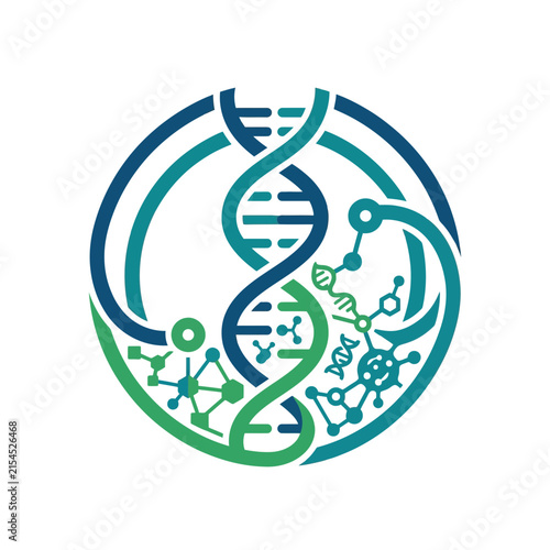 A circular graphic design featuring a stylized double helix structure