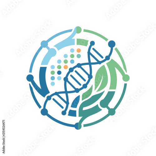A circular graphic design featuring a stylized double helix structure