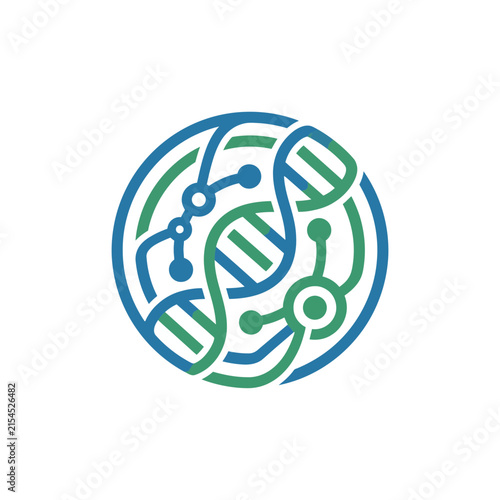 A circular graphic design featuring a stylized double helix structure