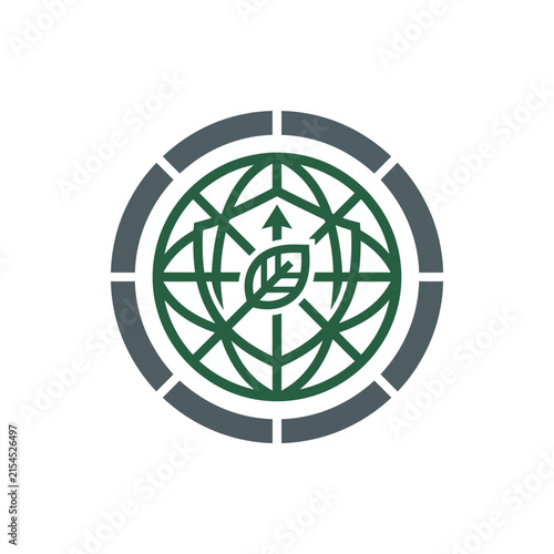 A circular graphic design featuring a stylized green leaf symbol