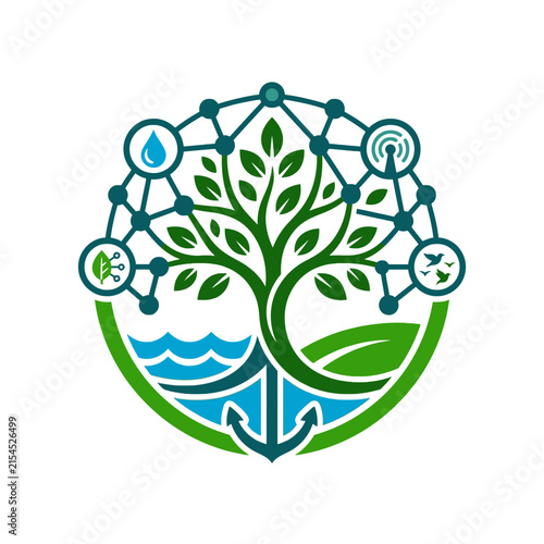 A circular graphic design featuring a stylized green tree icon