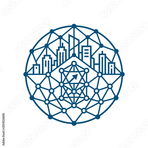 A circular graphic design featuring a stylized urban skyline silhouette
