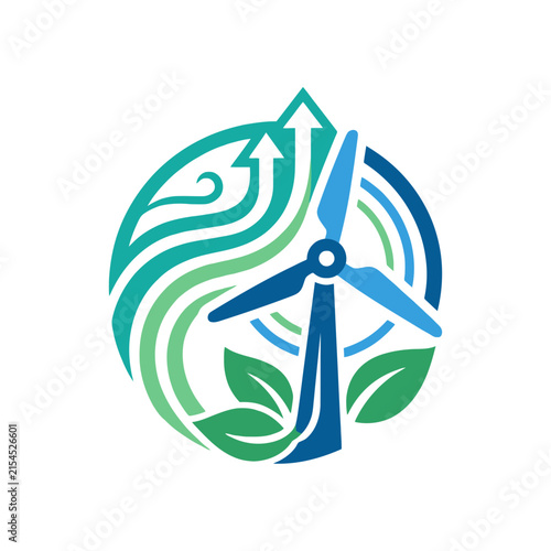 A circular graphic design featuring a wind turbine and leaves