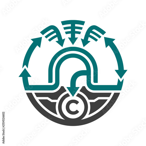A circular graphic design featuring abstract arrows and a letter