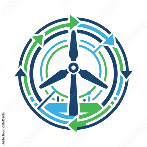 A circular graphic design featuring a wind turbine for energy
