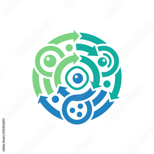 A circular graphic design featuring abstract arrows and dots