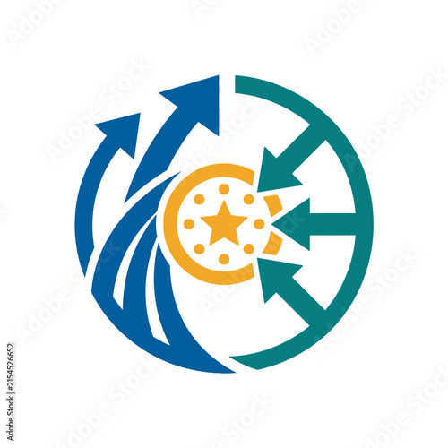 A circular graphic design featuring abstract arrows and a star