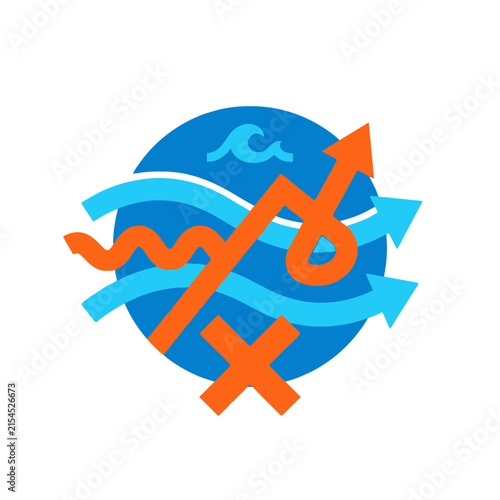 A circular graphic design featuring abstract arrows and wave patterns