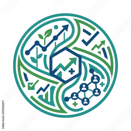 A circular graphic design featuring abstract business growth symbols