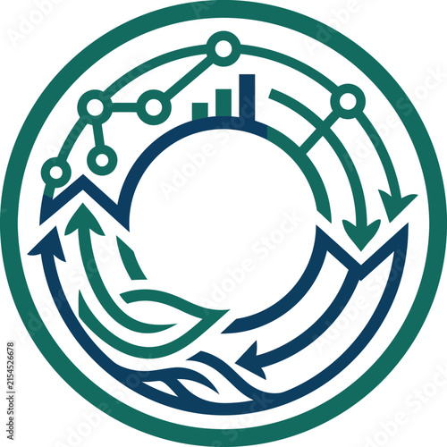 A circular graphic design featuring abstract data and growth symbols