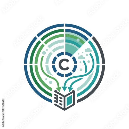 A circular graphic design featuring abstract data flow elements