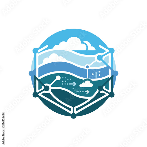 A circular graphic design featuring abstract clouds and data lines