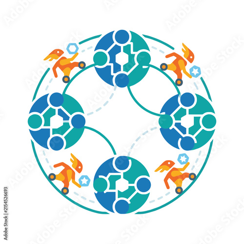 A circular graphic design featuring abstract figures and connections