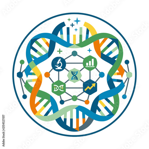 A circular graphic design featuring colorful abstract genetic strands
