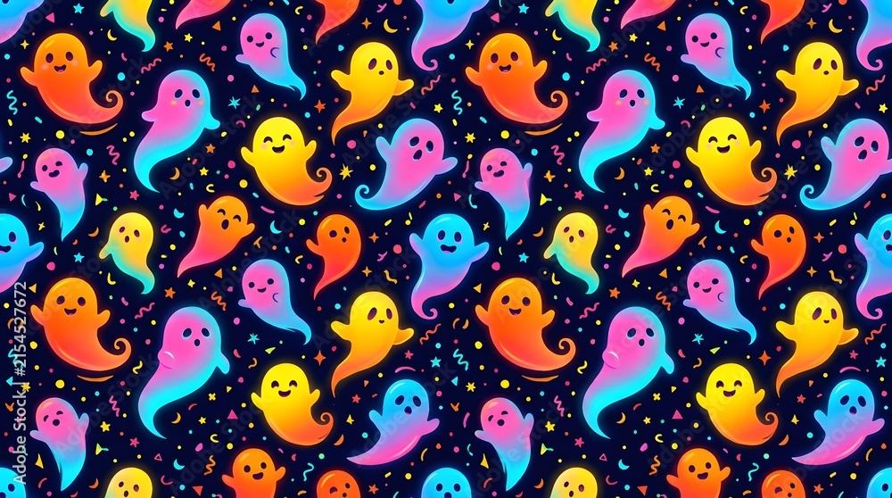 Naklejka premium Seamless pattern with colorful gradient ghosts and confetti on a dark background