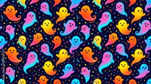 Seamless pattern with colorful gradient ghosts and confetti on a dark background