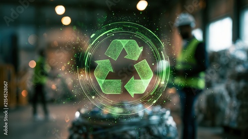 Circularity resource loop system turning waste into value and addressing supply chain complexity concept pros and cons selective focus zero waste theme surreal blend mode recycling center backdrop. 