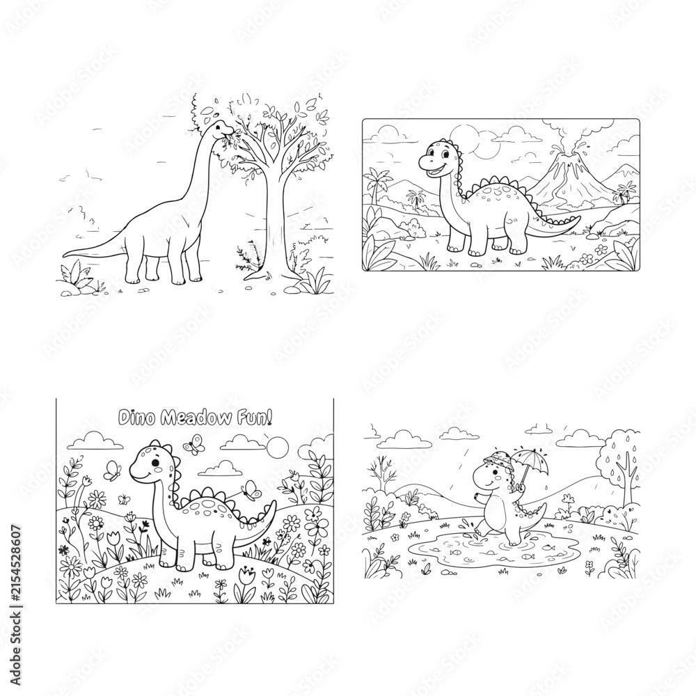 Fototapeta premium Set of four cute dinosaur coloring pages for children featuring various prehistoric scenes and friendly cartoon characters